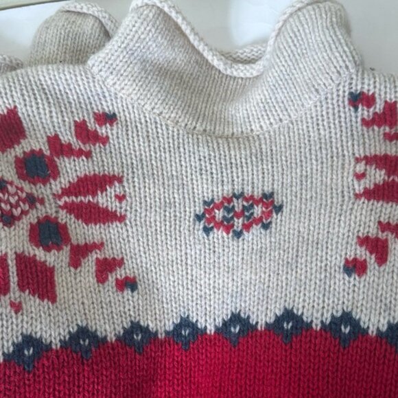 Eddie Bauer Vintage 90s Nordic Wool Heavy Knit Sweater Red Tan Hi Funnel Neck L - Picture 11 of 16